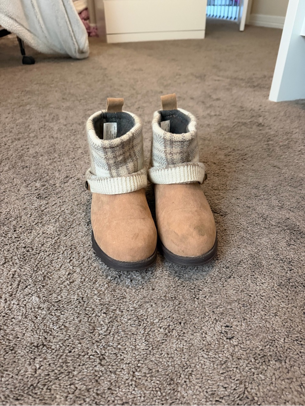 Muk Luks Tan Suede Ankle Booties with Knit Cuff